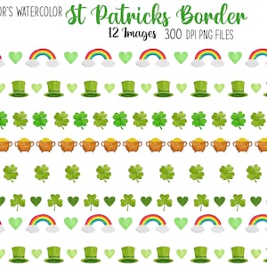 May include: Watercolor St. Patrick's Day border design featuring rainbows, green hearts, leprechaun hats, shamrocks, and pots of gold. The text reads "Consor's Watercolor St Patricks Border 12 Images 300 DPI PNG FILES."