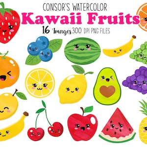 Clipart aquarelle de fruits - Kawaii - produit à télécharger - téléchargement immédiat - orange - pomme - fraise - myrtille - avocat - banane, citron