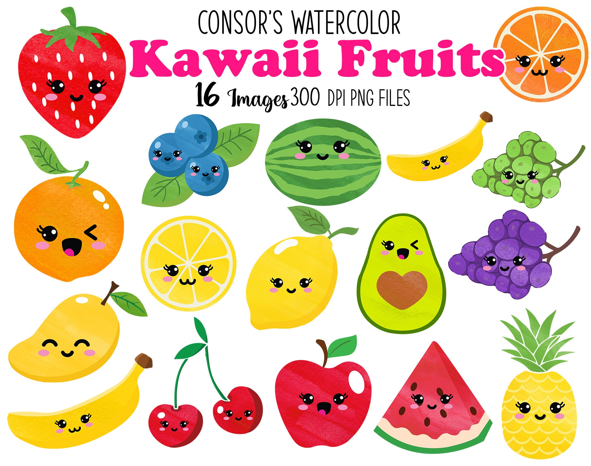 Watercolor Fruits Clipart Kawaii Produce Download | Etsy