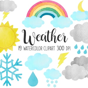 May include: A set of 19 watercolor clipart images depicting various weather conditions, including a rainbow, sun, clouds, rain, lightning, snow, and a snowflake. The text "Weather 19 Watercolor Clipart 300 DPI" is included in the image.