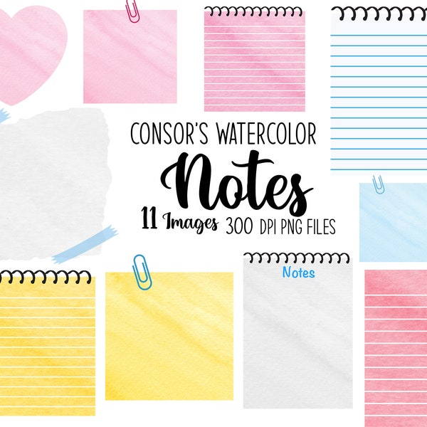 Watercolor Note Paper Clipart - Stationary Graphics - Planner Illustration - Notes Clip art - Post It Notes