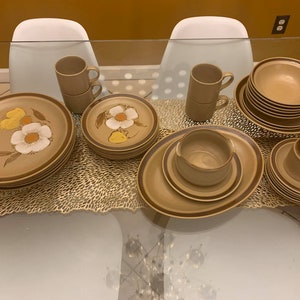 Vintage Hearthside Stoneware Set-28 Pieces-Brown and Tan Floral Print-Made in Japan