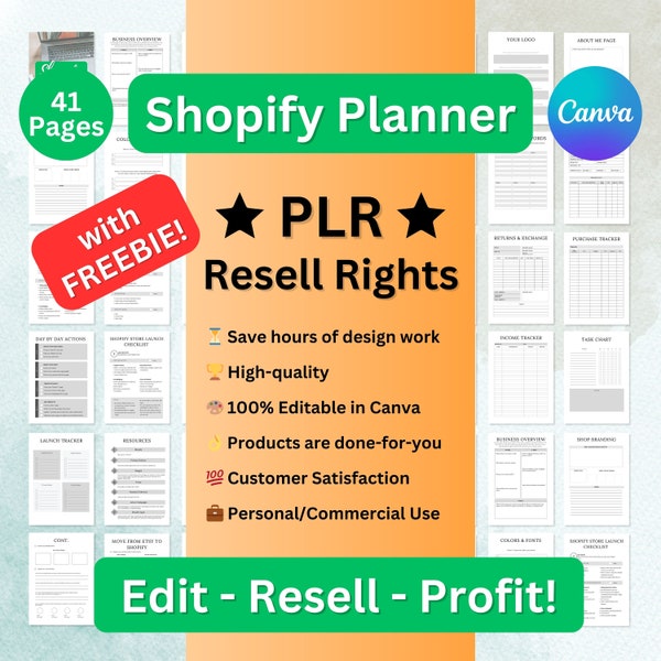 PLR Shopify Planner, Online Shop Seller Kit Template, PLR Planner Master Resell Rights, Sales Tracker, Commercial, Editable Canva Templates