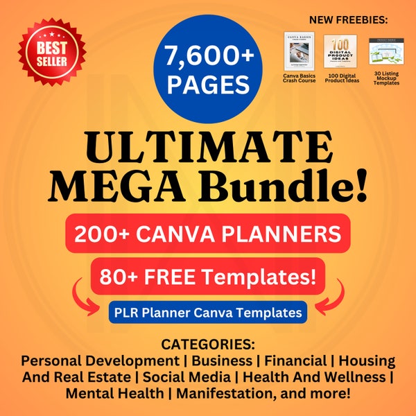 PLR Planner Master Resell Rights Ultimate MEGA Bundle, Canva Templates Editable Content, Digital Printable Journal, Trackers, Commercial Use