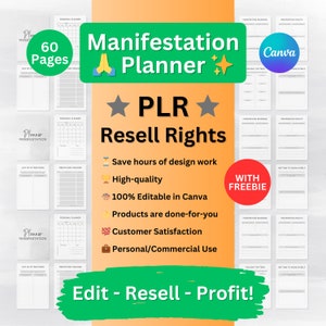 PLR Manifestation Journal, Vision Board, PLR Digital Products Gratitude Planner, MRR Master Resell Rights, Editable Printable Canva Template