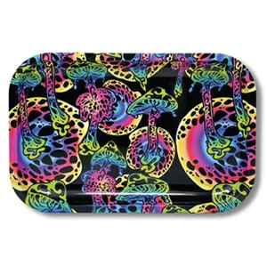 May include: A black metal rolling tray with a psychedelic pattern of rainbow colored mushrooms. The mushrooms have a black and white spotted design.