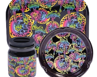 3 piezas de neón setas fumar juego de regalo - cenicero, bandeja rodante, frasco de alijo