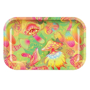 May include: A rectangular metal rolling tray with a psychedelic design featuring colorful mushrooms and swirls on a green background.