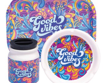 3 Piece Good Vibes Smoking Gift Set - Ashtray, Rolling Tray, Stash Jar