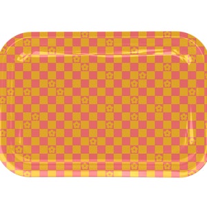 May include: A rectangular tray with a checkered pattern in shades of orange and pink. The pattern features small flower designs.