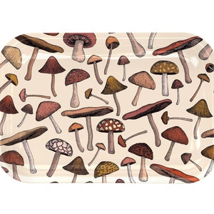 May include: A rectangular tray with a cream background and a pattern of brown and red mushrooms.