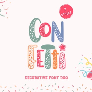 Op de afbeelding: Een kleurrijk lettertype duo genaamd "Confetti" met twee stijlen. Het lettertype is versierd met confetti en sterren. De tekst "Decorative Font Duo" staat onder het lettertype.