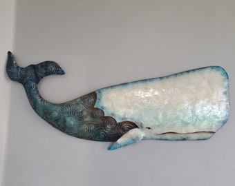 Whale Metal Wall Art Coastal Beach House Decor Made Unique With Capiz Shells Nautical Ocean Themed Metal Nautical Wall Decor Tropical Art