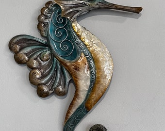 Seahorse Metal Wall Decor Tropical Beach Theme With A Coastal Charm Made Unique with Capiz Shells Beach House Ocean theme Marine Life Decor