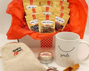 Thinking of You Loose Leaf Tea Sampler Gift Set with Personalized Mug, Herbal Tea Gift Set, Custom Mug and Tea Set