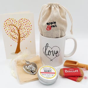Thinking of You Tea Gift Box, Send a Unique Gift, Artisan Herbal Teas, Gift with Greeting Card, Heart Mug, I Love You Personalized Mug Set