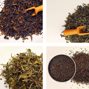 May include: Four images showcasing different types of loose leaf tea. The teas vary in color, from dark brown to light green, and include a wooden scoop. One image features tea in a metal tin.
