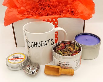 Custom Congrats Gift Set: Mug, Tea, Candle, Honey, Infuser, Scoop