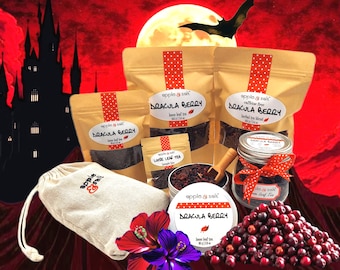 Dracula Berry Tea: Hibiscus and Red Berries, Caffeinated Fruity Tea, Dark Red Halloween Tea, Our Best Selling Tea, Spooky BOOlong Tea Blend