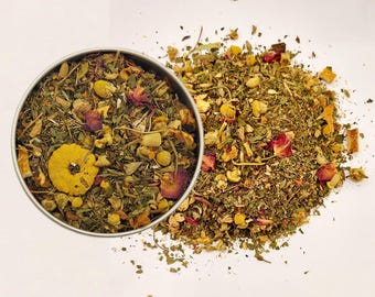 Calm Belly Herbal Tea: Mint, Chamomile, Rose, Ginger (Caffeine-Free)