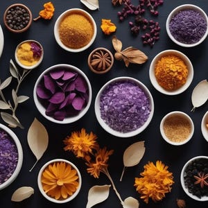 May include: A flat lay of various small bowls filled with different spices and dried herbs. The bowls are arranged on a black surface and include purple, orange, and brown spices. There are also dried flowers and leaves scattered around the bowls.