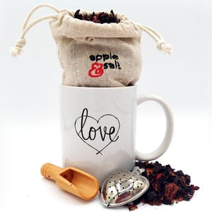 Thinking of You Tea Gift Box, Send a Unique Gift, Artisan Herbal Teas, Gift with Greeting Card, Heart Mug, I Love You Personalized Mug Set