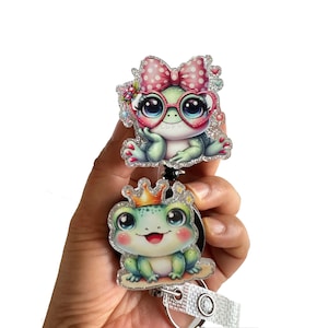 Cute Frog Retractable Badge Reel, Miss Frog Frog Prince Badge Reel, RN,LPN Nurse Badge Holder Clip, Interchangeable ID Badge Holder