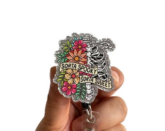 Sorta Spooky Sorta Sweet Retractable Badge Reel, Halloween Skeleton Badge Reel, Interchangeable ID Badge Holder