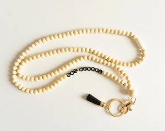 Natural Wood Beaded Lanyard, Breakaway ID & Keys Lanyard, Teacher lanyard, Name Customize Lanyard with Retractable Badge Reel