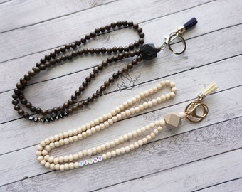 Personalized Wood Bead Lanyard, Teacher Lanyard, Name Lanyard Necklace, Letter Bead Lanyard, Lanyard Keychain with Retractable Badge Reel
