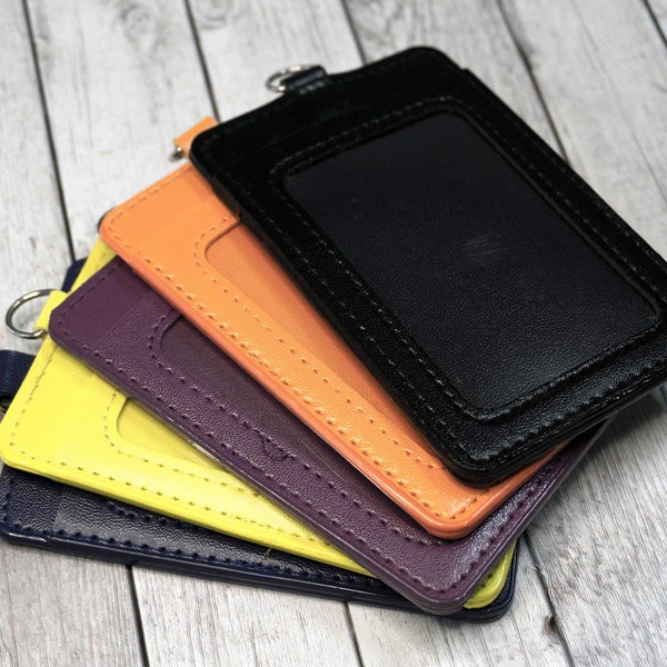 PU Leather Badge Holder, Double Sided Pockets  Badge Protector, Black/Blue/Orange/Yellow/Purple Colors Name Badge Holder