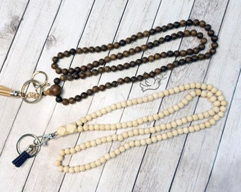 Teacher Lanyard, Wood Bead Lanyard, Lanyard Keychain, Natural Wood Lanyard Necklace, Customize Bead Lanyard with Retractable Badge Reel