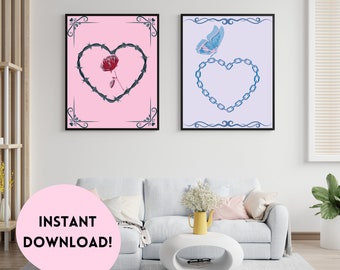 Set of 2 Y2K Heart Aesthetic Wall Art - Wall Collage, Digital Download Print, Printable Wall Decor, Instant Download