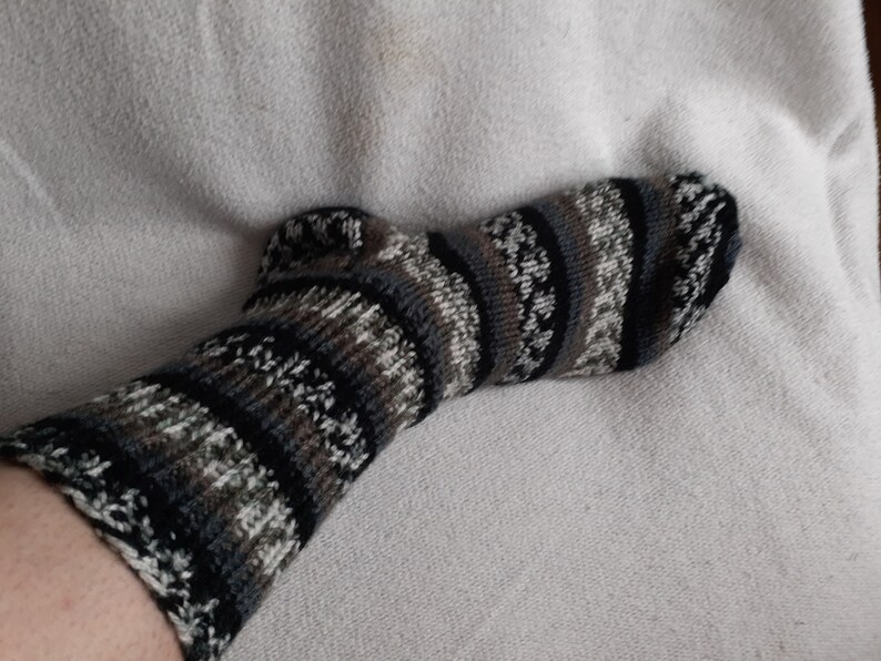 black and grey Hand knitted unisex bed socks in shades of brown