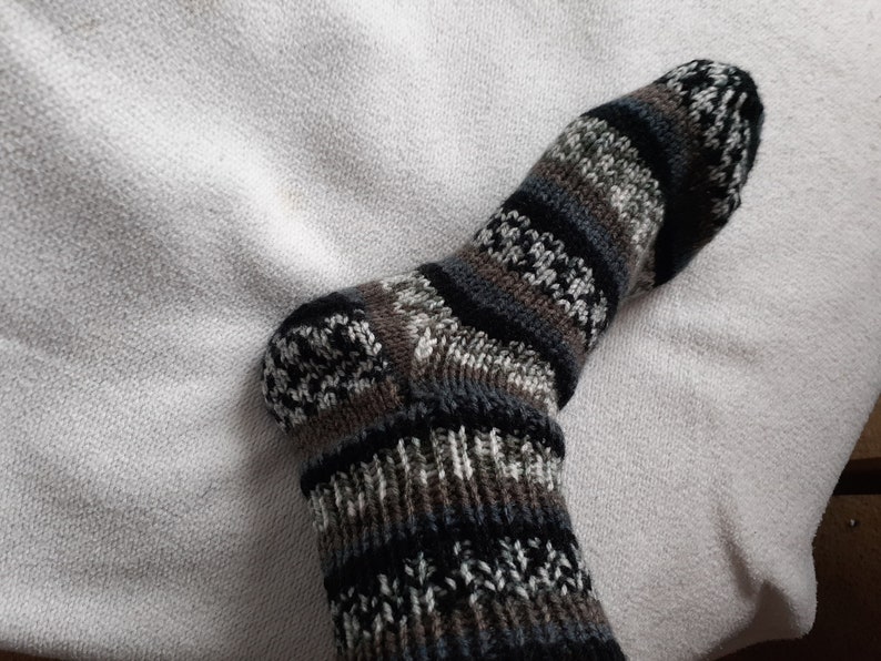 black and grey Hand knitted unisex bed socks in shades of brown