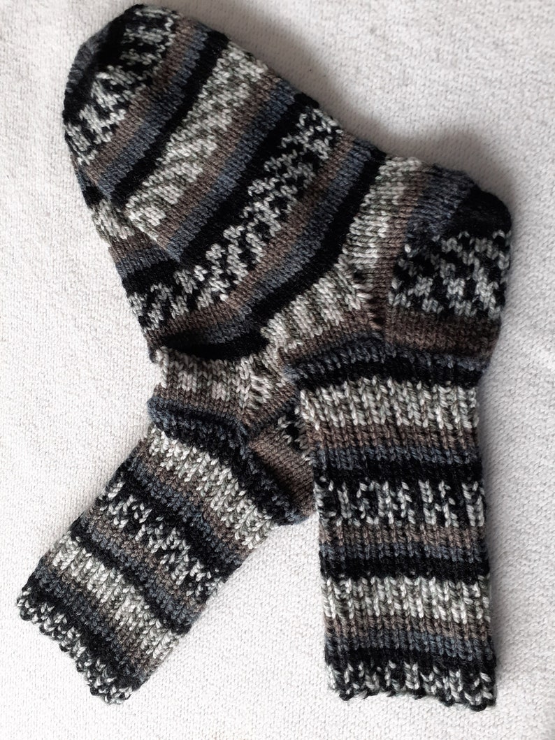 black and grey Hand knitted unisex bed socks in shades of brown