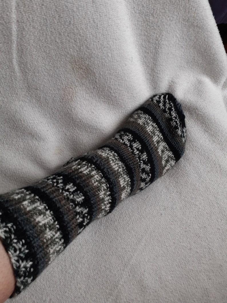 black and grey Hand knitted unisex bed socks in shades of brown
