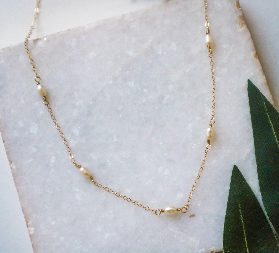 Pearl string necklace dainty pearl necklace gold filled or sterling