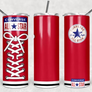 May include: Red stainless steel tumbler with a white Converse All Star logo and a white shoelace design. The tumbler has a black lid and a straw.