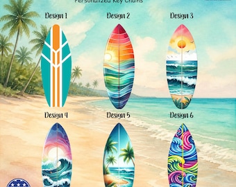 Personalized Tropical Surfboard Keychain | Custom Name, Double-Sided Glossy (USA Made)