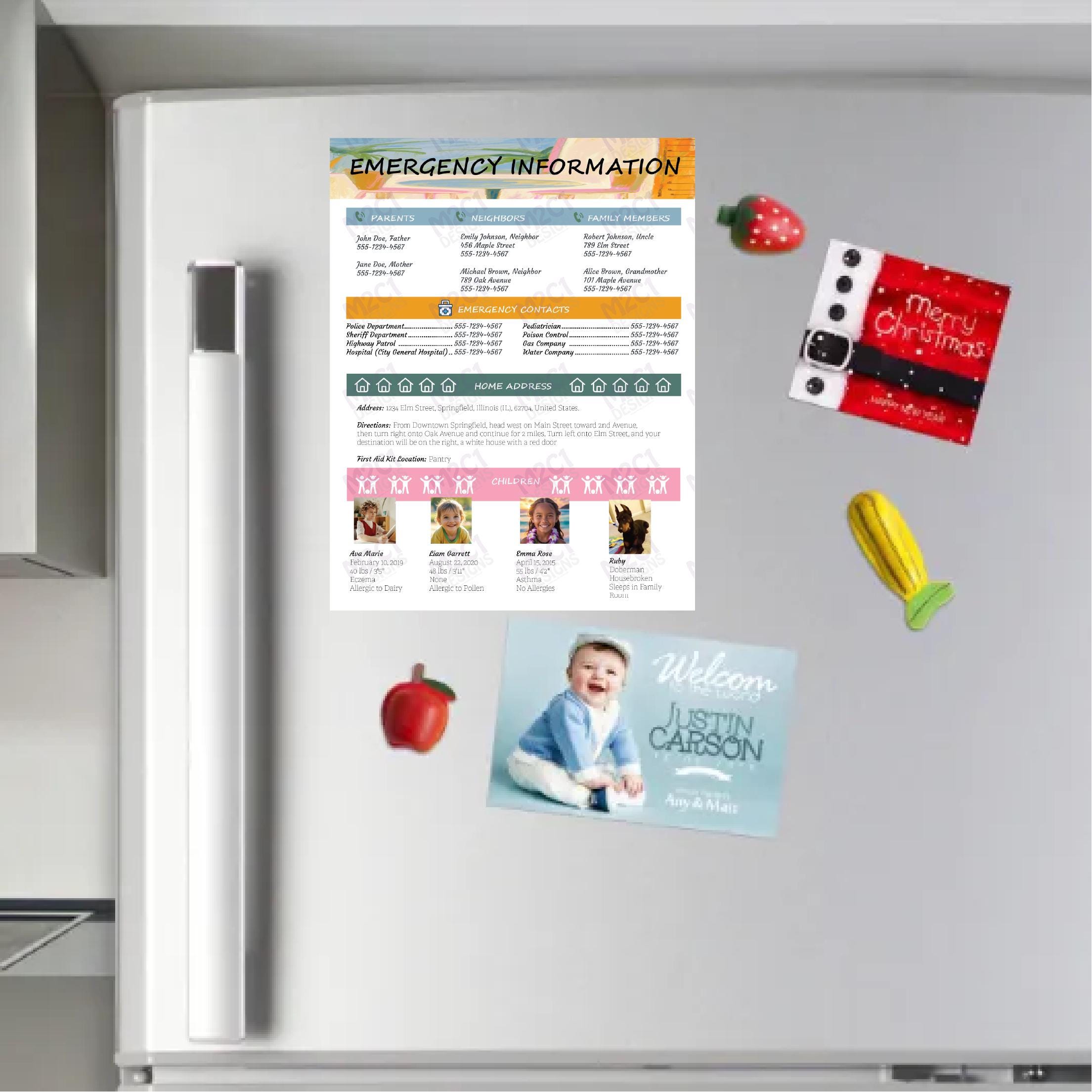 Magnetic Emergency Info Sheet for Fridge – Laminated and