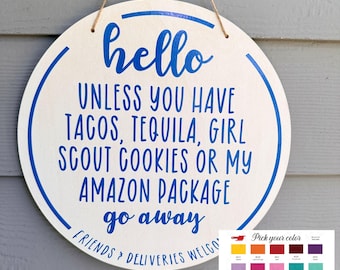 Humorous No Soliciting Wood Sign: Friends & Deliveries Welcome | 12 inches