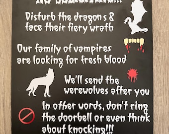 Halloween No Soliciting Sign – Vampires, dragons, and Werewolves | Wood sign | Front Door