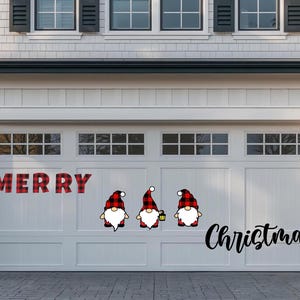 Merry Christmas Garage Door Magnets: Plaid Gnomes & Script