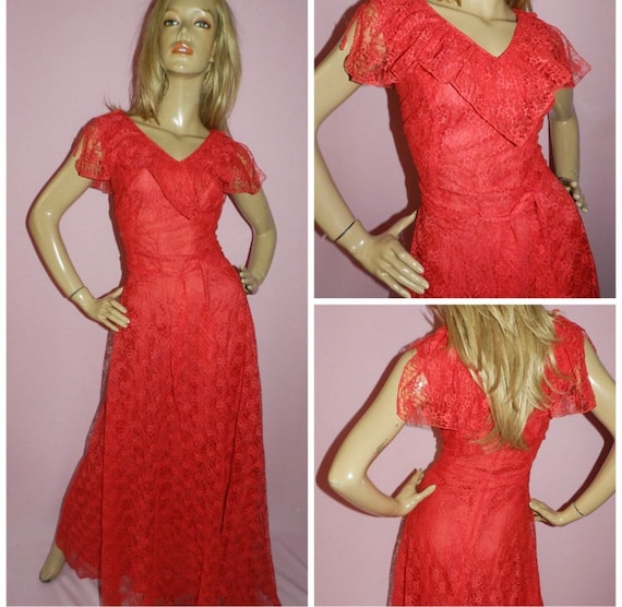 70’s Red Floral Red Dress