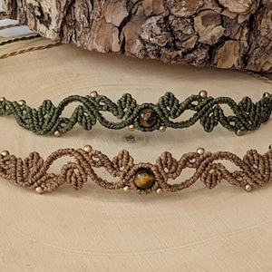 Macramé choker met tijgeroog • boho edelsteen ketting • bladeren • aanpasbaar • rozenkwarts, maansteen, mosagaat, jade, labradoriet
