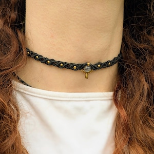 Macrame choker/necklace, brass, silver, gemstone bead, customizable, boho, hippie, labradorite, tiger eye, rose quartz, moonstone