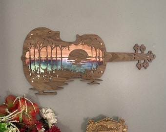 Violin Wall Decor, Music Lover Gift, Wood Decor, Guitarist Gift, Rustic Wall Art, Music Wall Art, Violinist Art, Violin Sign, Sunset Guitar