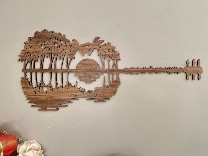 Music Lover Gift, Acoustic Guitar, Music Room Decor, Wood Decor, Guitarist Gift, Rustic Wall Art, Guitar Art, Abstract Sunset, Gift For Him Palm tree wood