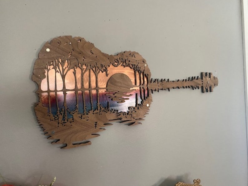 Music Lover Gift, Acoustic Guitar, Music Room Decor, Wood Decor, Guitarist Gift, Rustic Wall Art, Guitar Art, Abstract Sunset, Gift For Him image 4